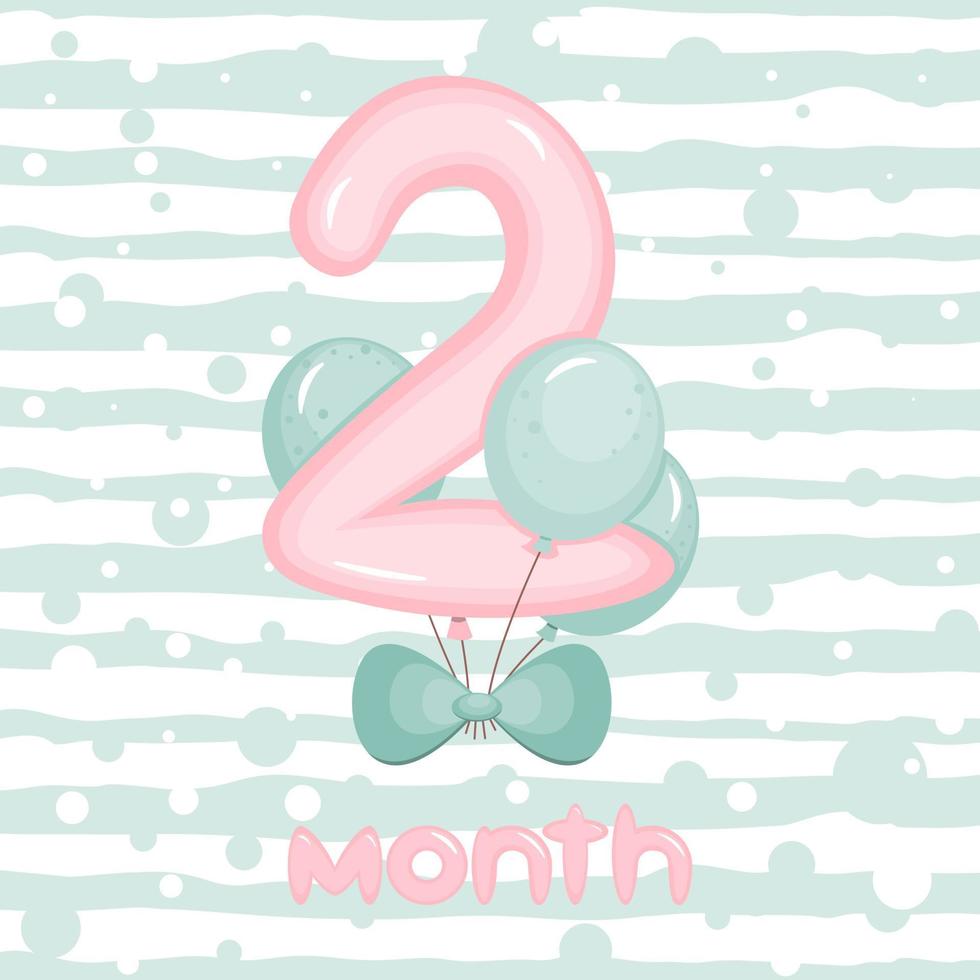 2 month Birthday party invitation with balloons. Greeting card template. Vector illustration.