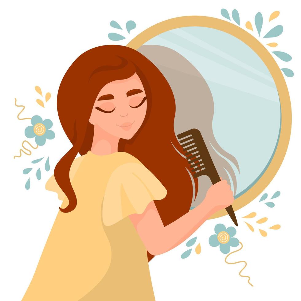 Lovely girl combing her long hair near mirror. Concept of Beauty, Hair care , hair health. Woman hairstyle by comb. Vector cartoon illustration.