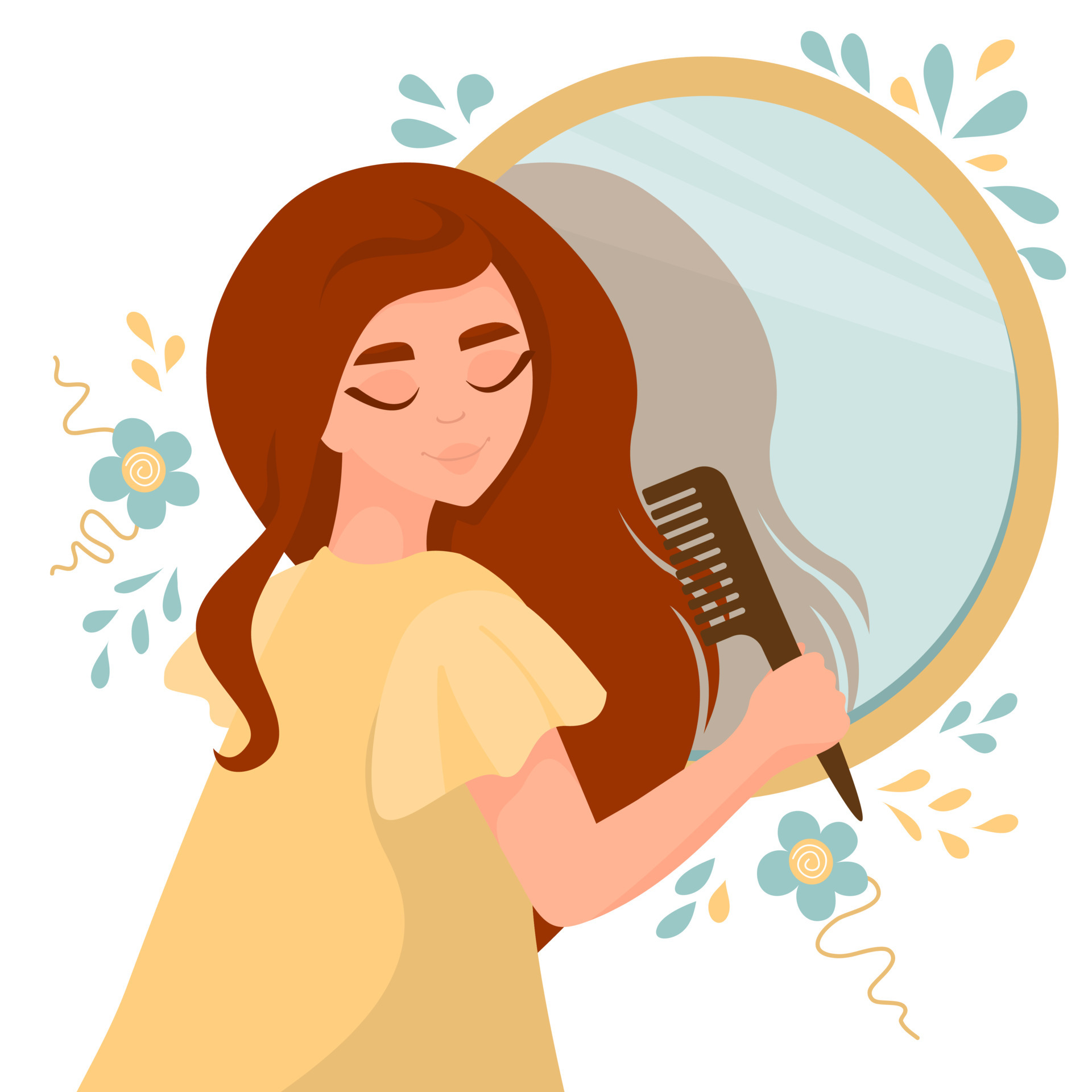 Lovely girl combing her long hair near mirror. Concept of Beauty, Hair care  , hair health. Woman hairstyle by comb. Vector cartoon illustration.  6631109 Vector Art at Vecteezy