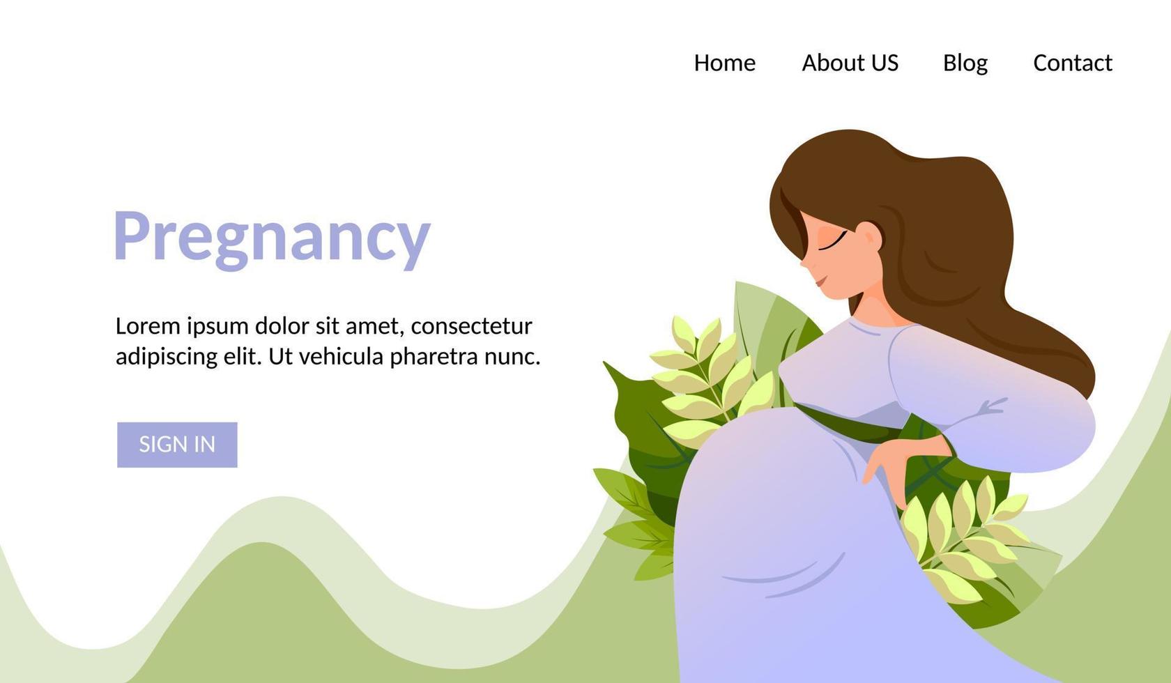 Banner of Happy Carefree Pregnancy. Cute Cartoon Future Mother is Sideways on Leaves Background. Vector Illustration.