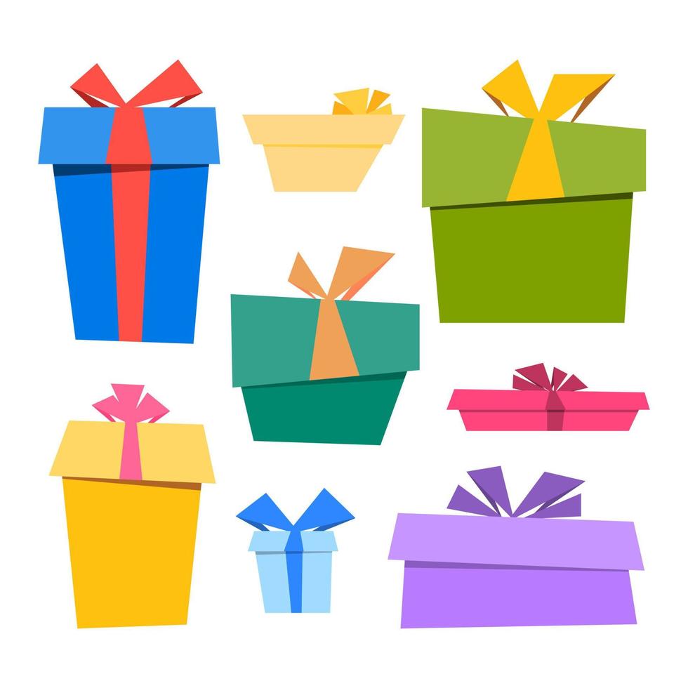 Collection of cute cartoon colorful gift boxes with bows. Vector illustration.