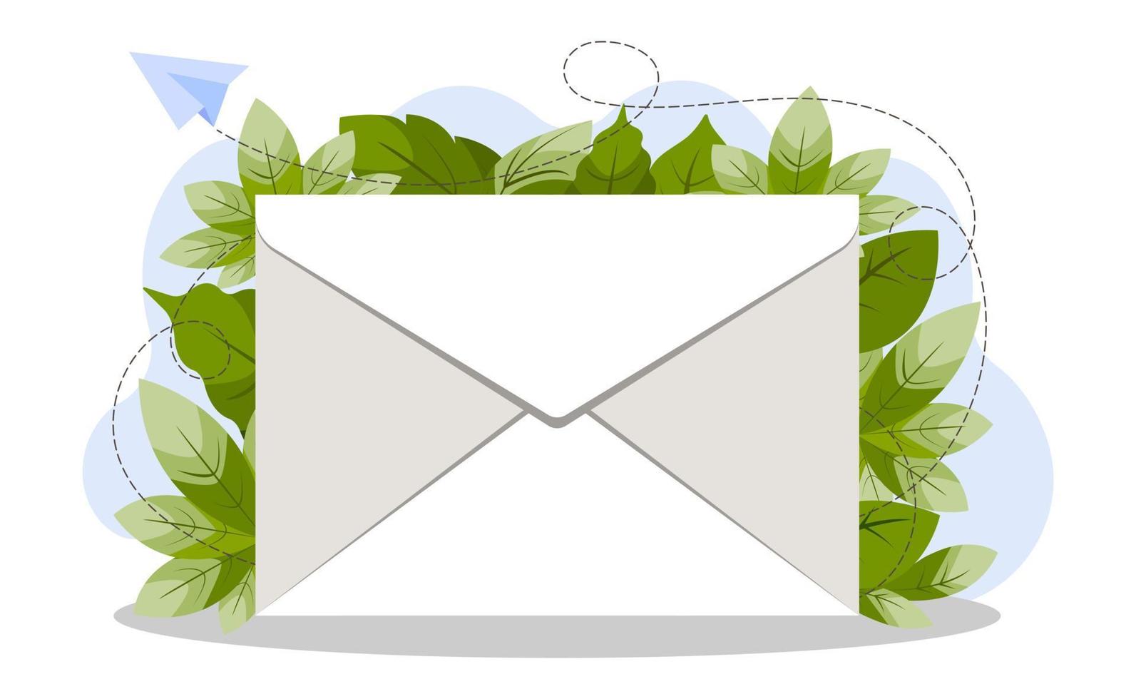 Closed white envelope with bright colorful green summer foliage in the background. The concept of sending a message. Send or receive a letter, mail. vector