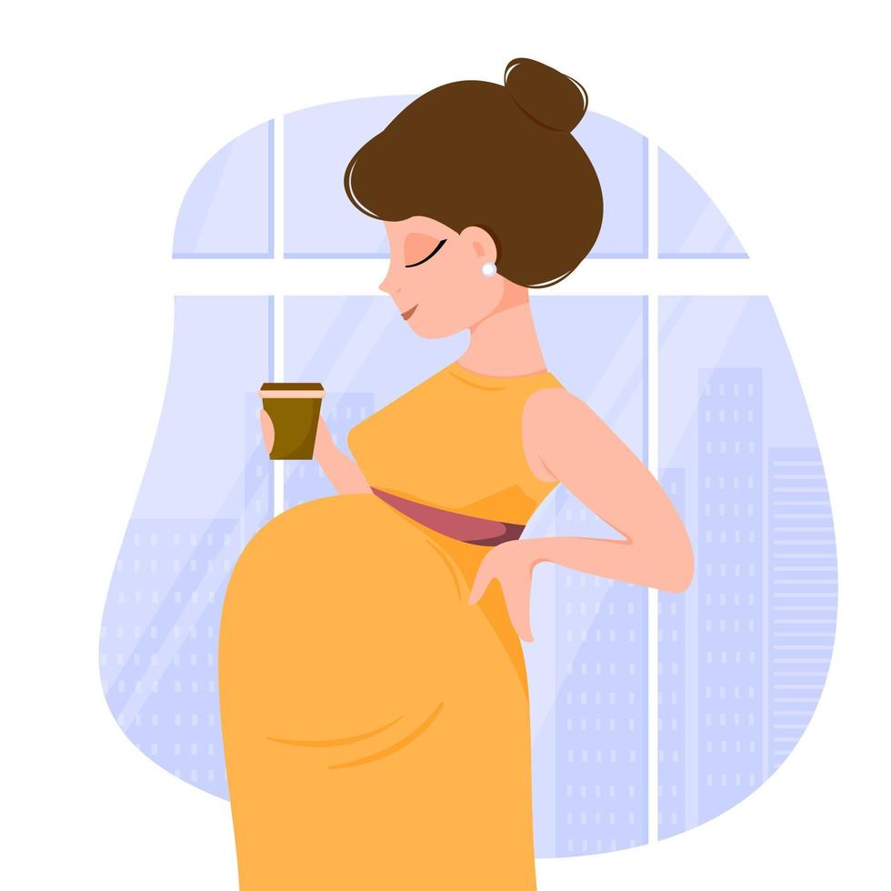 Cute cartoon pregnant businesswoman in dress holds a glass of tea or coffee in her hand against the backdrop of the city's metropolis. Coffee or tea to go. Background of window. Vector illustration.