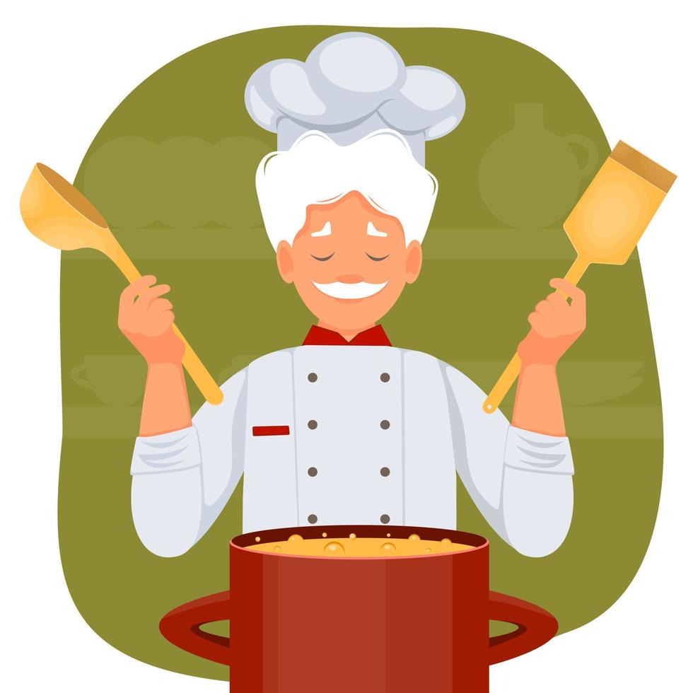 Chef cooker man cooking in the kitchen in the restaurant. Vector illustration.