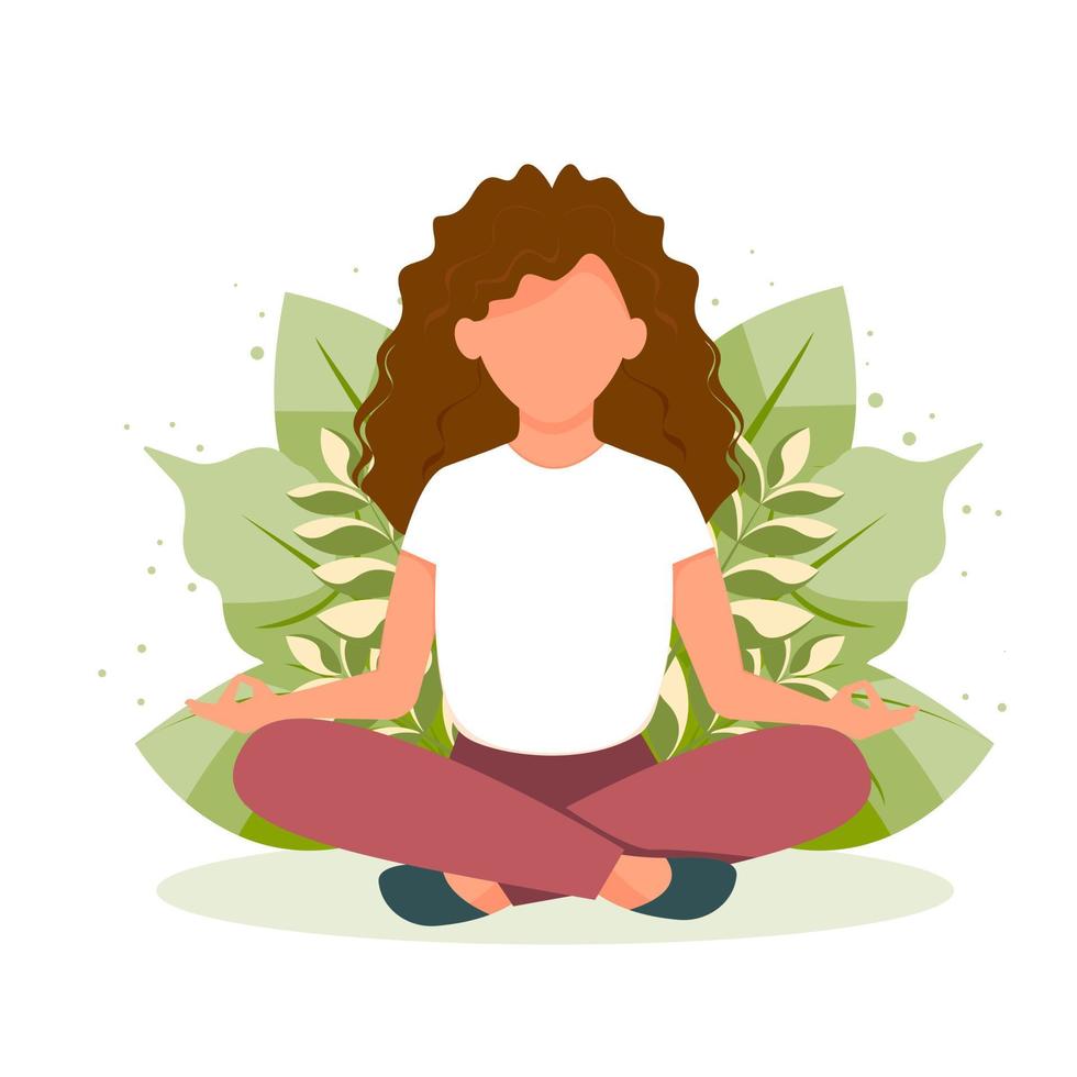 Girl doing yoga on plants background. Woman sitting in the lotus position. Vector illustration in flat style.