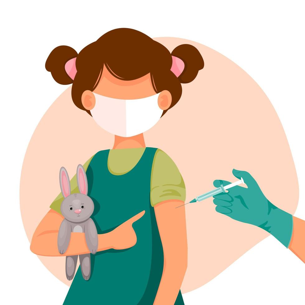 Child pointing his finger at the vaccinated hand. The concept of health, the spread of the vaccine, healthcare, call of fight against coronavirus. Colorful vector illustration in flat style.