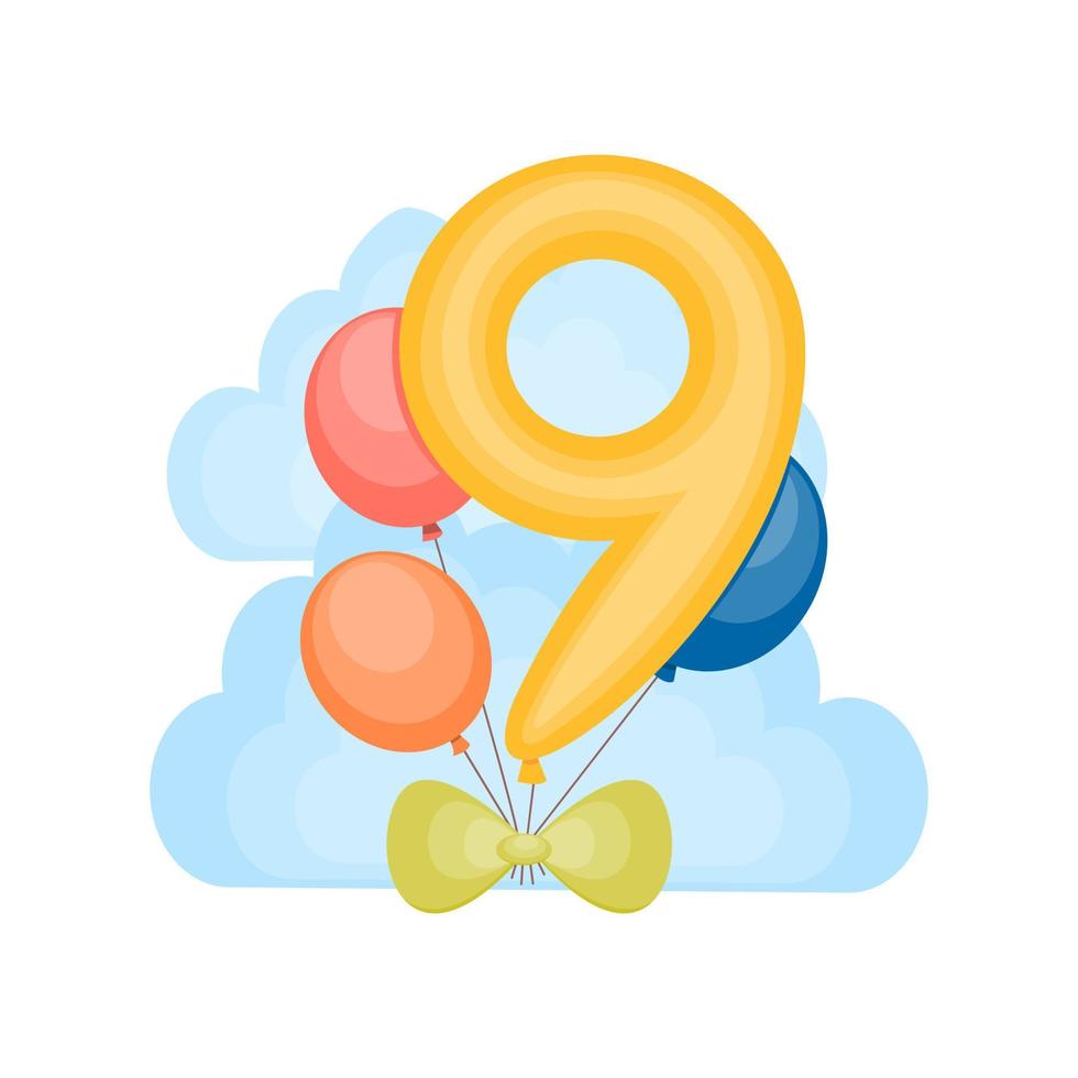 9 year Birthday party invitation with balloons. Greeting card 9th anniversary celebration template. Vector illustration.
