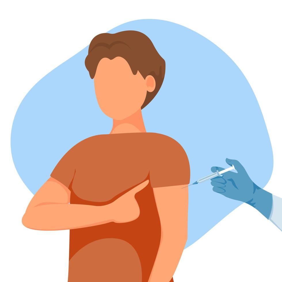 hombre señalando con el dedo la mano vacunada. el concepto de salud, la difusión de la vacuna, la atención médica, el llamado a la lucha contra el coronavirus. ilustración vectorial colorida en estilo plano. vector