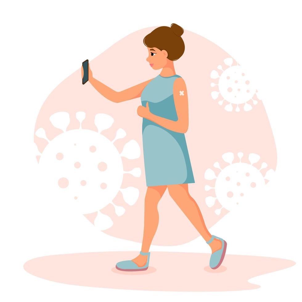 Vaccinated covid-19 girl blogger makes a selfie on the phone. Cute young girl making photo and video content for her blog. Vector illustration in flat style.