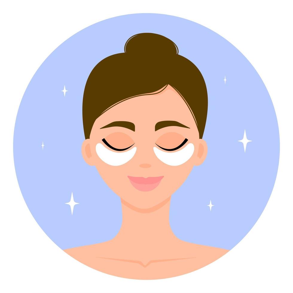 Girl with cosmetic patches on her face. Moisturizing and care. Home, daily facial. Vector illustration.