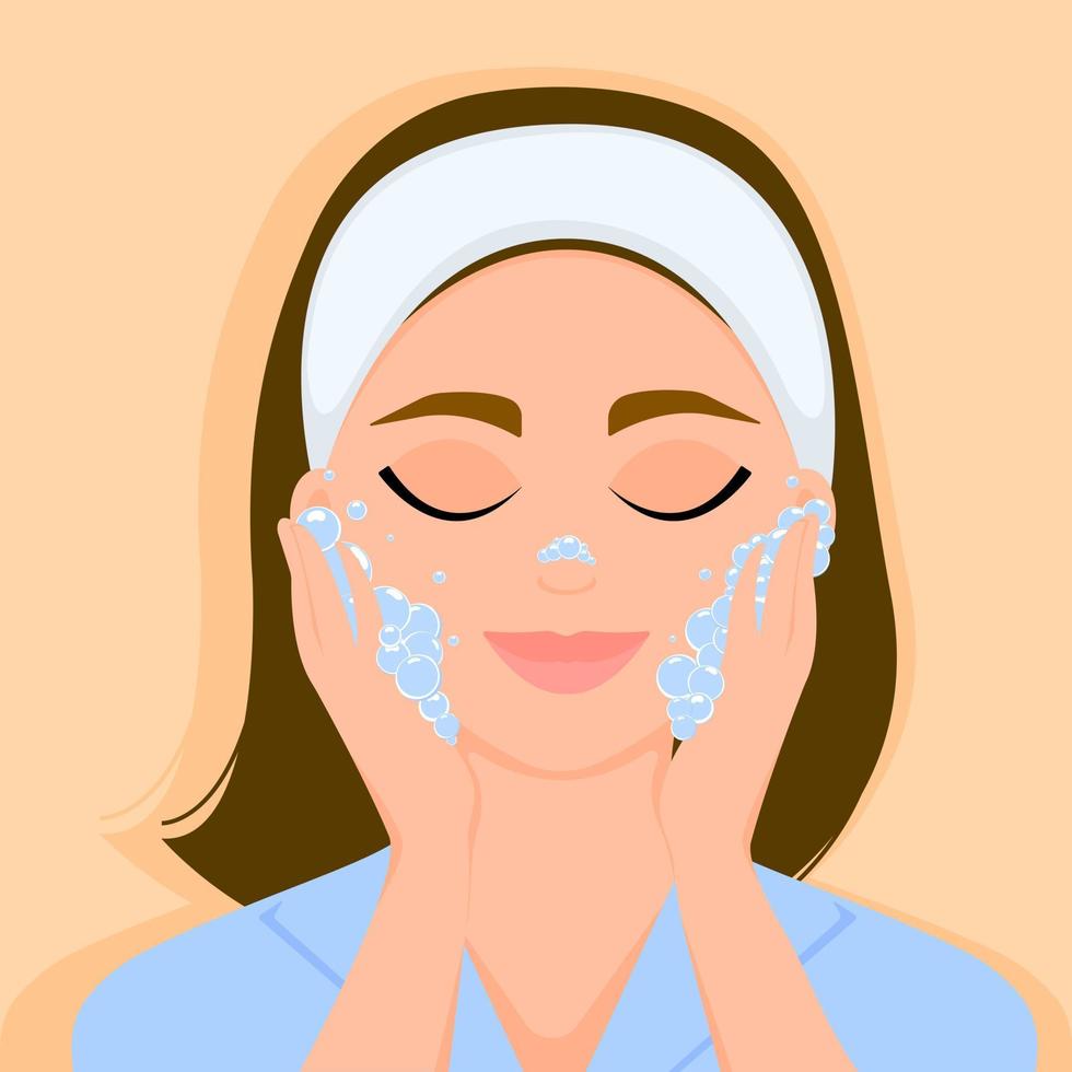 Beauty girl washes her face with soap. Vector illustration.