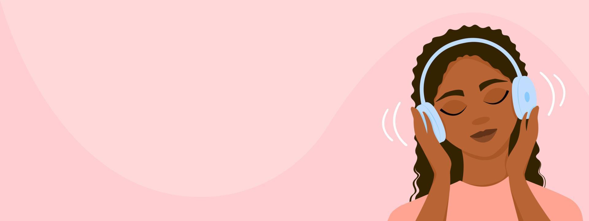 A dark-skinned girl listens to music with headphones, closing her eyes. Calm, meditation. Banner, background, web. Vector illustration.
