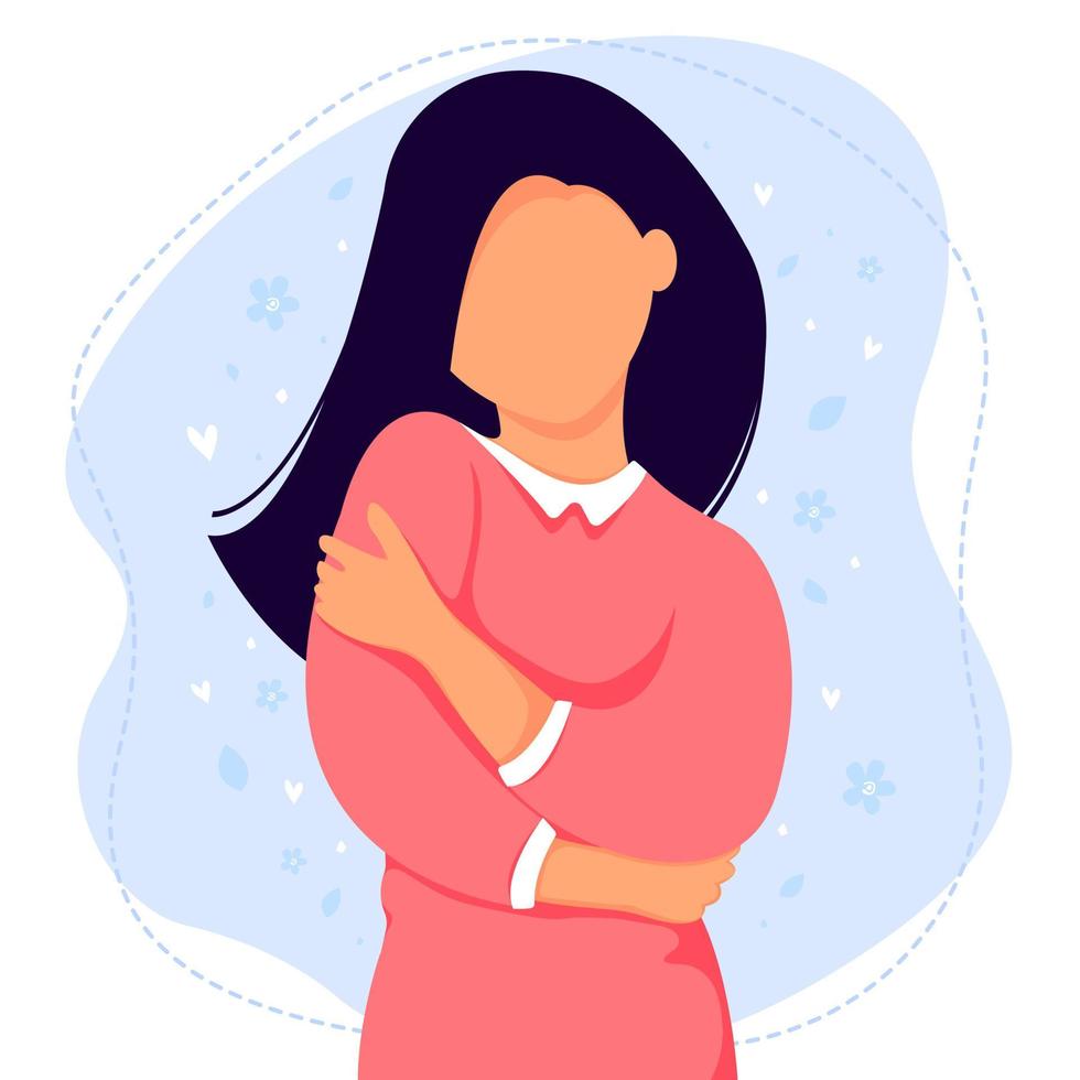 Woman hugging herself. Self love concept, vector illustration in flat style.