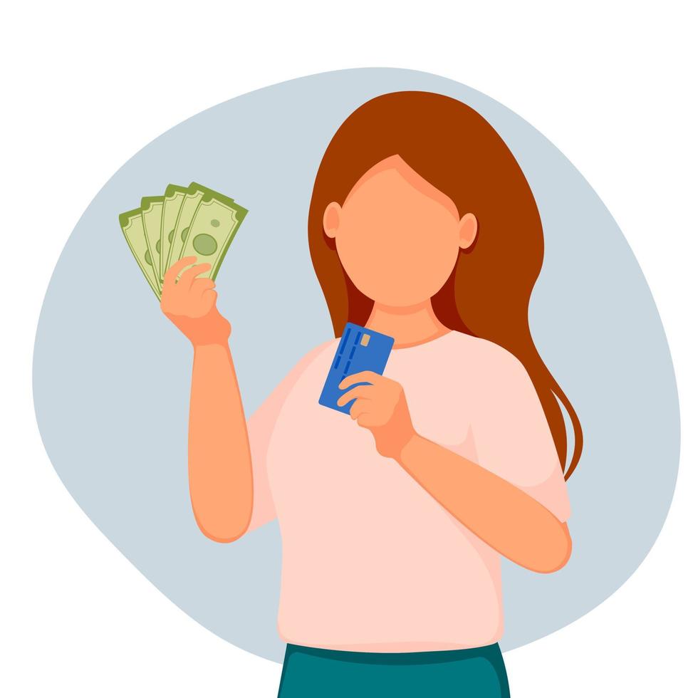 Woman holding cash and debit card in her hands. Vector illustration. Payment by credit card, cash.