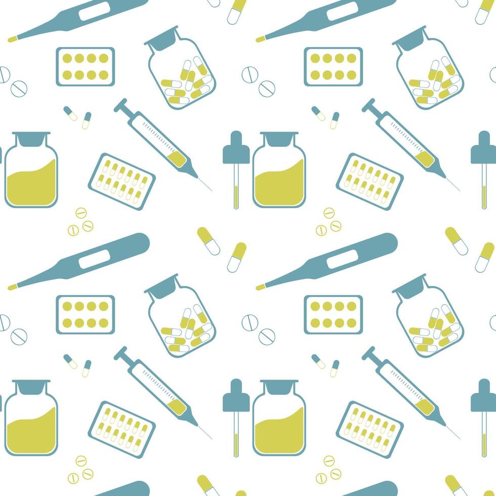Seamless pattern with medications. Thermometer, syringe, Drugs and pills, bottle and pipette, bottle of medicine. vector
