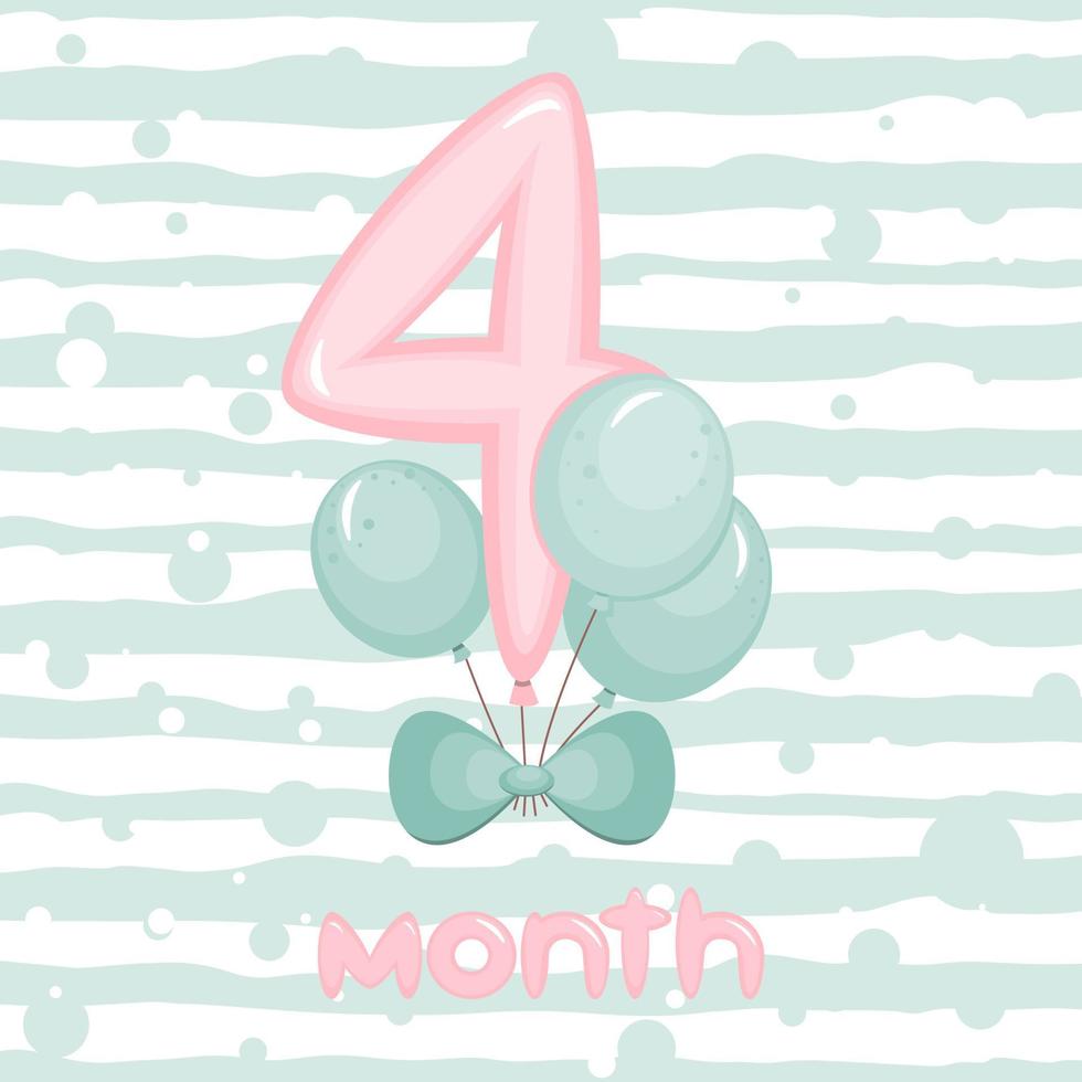 4 month Birthday party invitation with balloons. Greeting card template. Vector illustration.