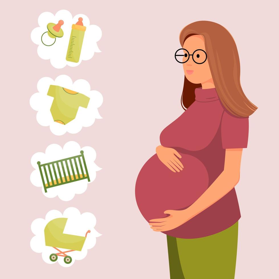 mujer embarazada de compras. cosas para un recién nacido. ilustración vectorial vector