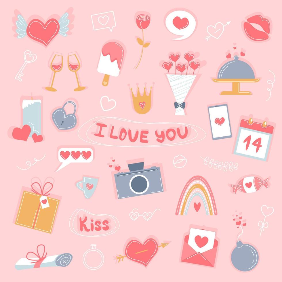 Vector set of romantic Valentine's Day objects. Cute colorful elements isolated on pink background. Heart with wings and arrow, letter, bouquet, rainbow, bomb, cloud. Use for stickers, greeting cards.