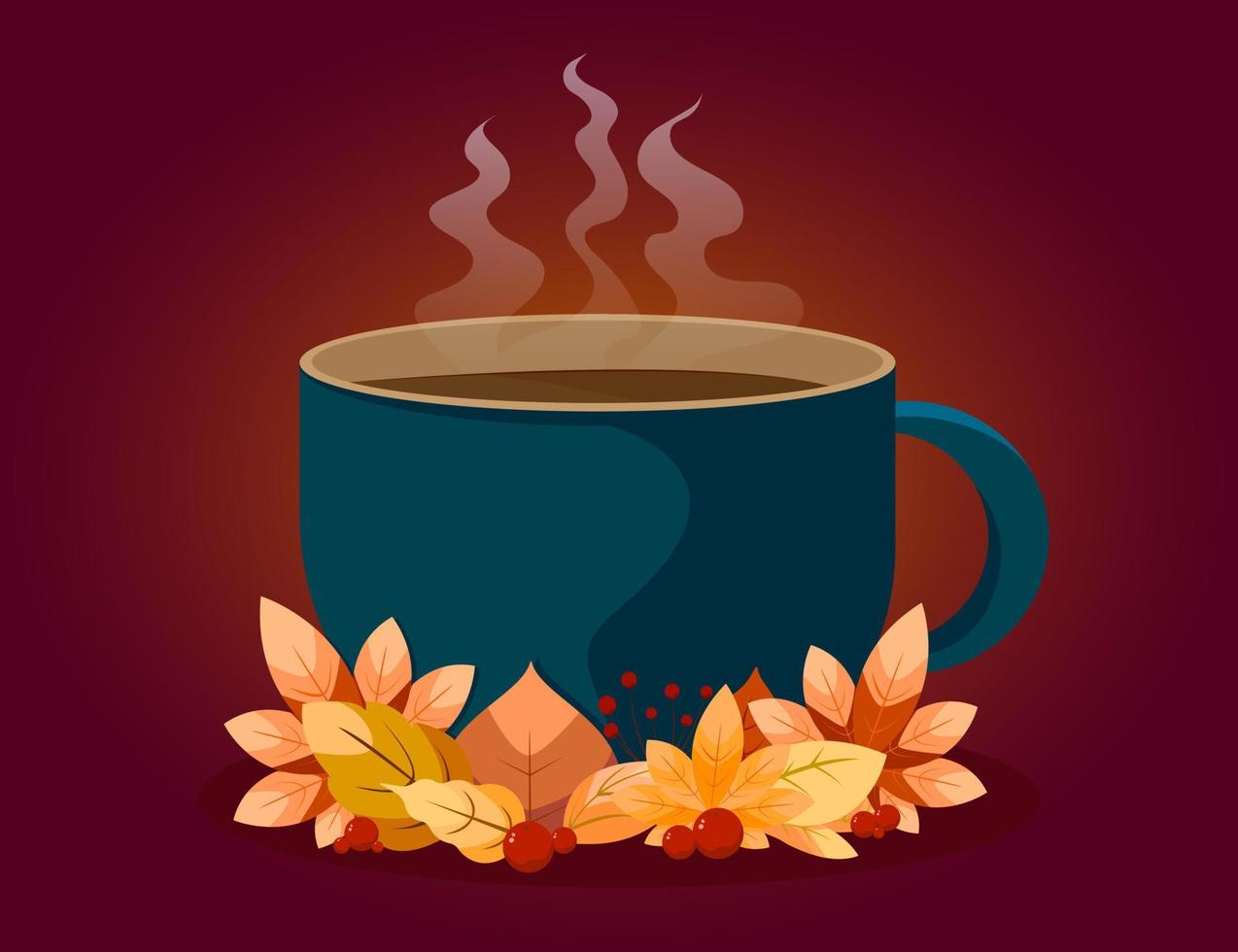 Blue cup of hot tea or coffee with autumn leaves. vector
