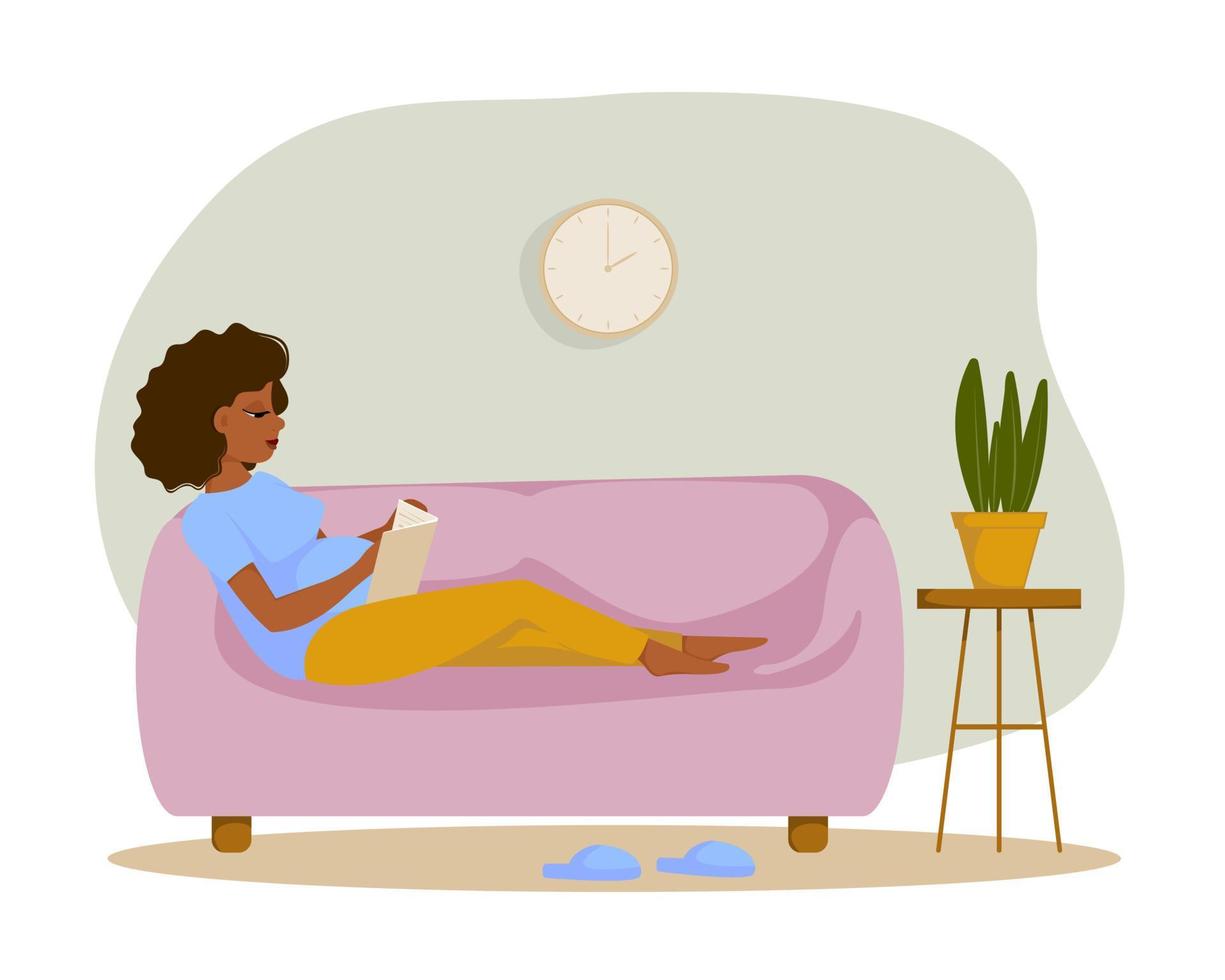 Pregnant woman with a big belly sits on the sofa and reads a book. Flat design. Vector illustration.