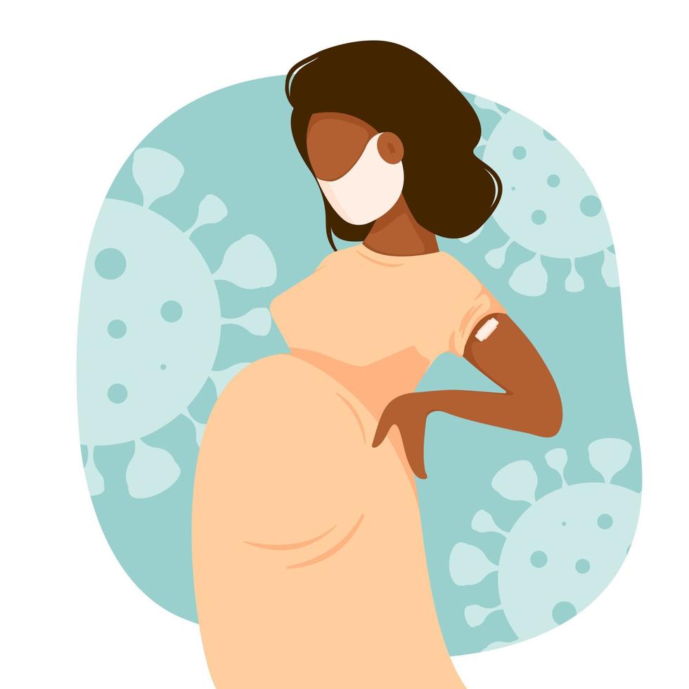 Vaccinated dark skinned pregnant woman. The concept of vaccination, health, the spread of the vaccine, healthcare, call of fight against coronavirus. Colorful vector illustration in flat style.