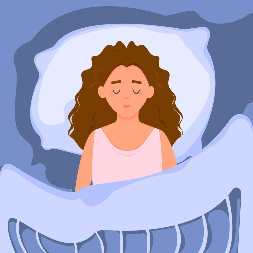 Girl sleeping in bed under the covers. Healthy sleep concept. Pretty woman is sleeping on a pillow. Vector flat design.