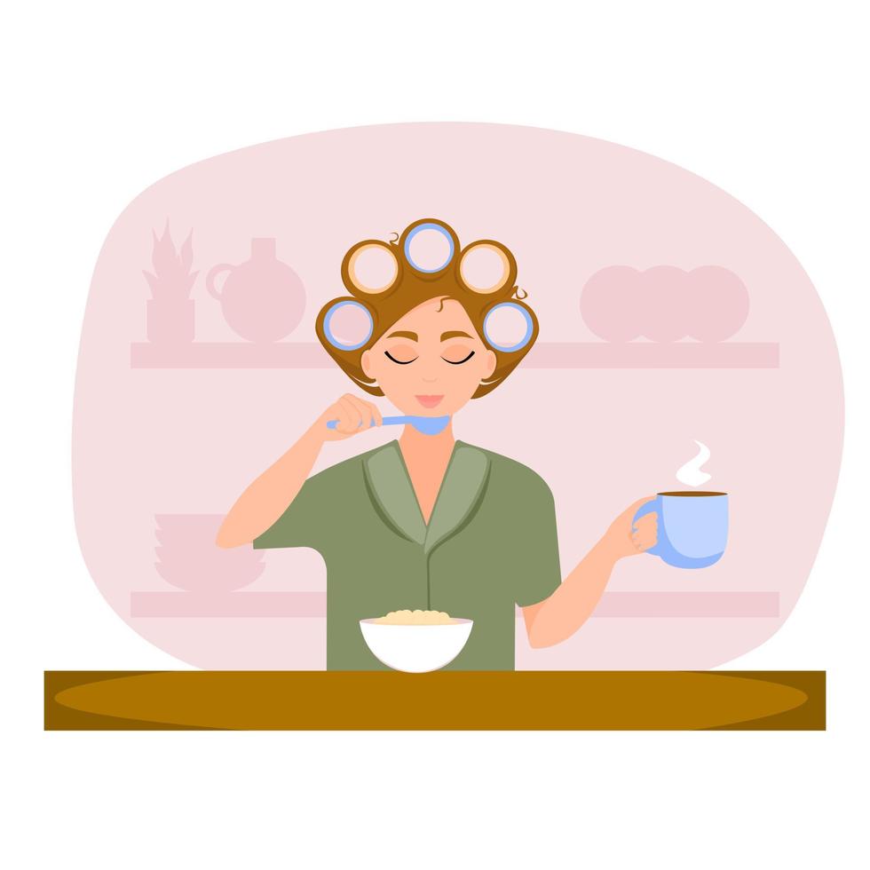 Young girl with curlers is having breakfast in the kitchen. Concept of morning routine. vector