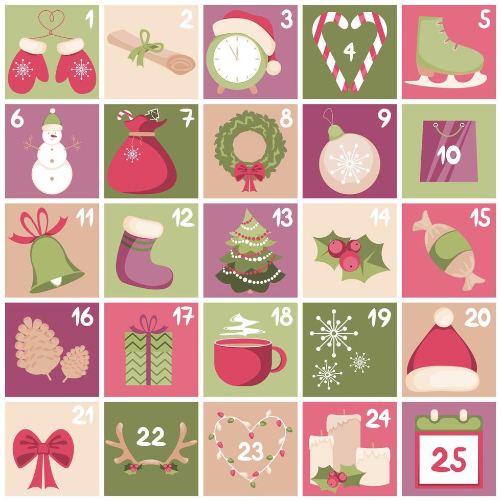 Christmas advent calendar for 25 days December. Xmas vector poster.