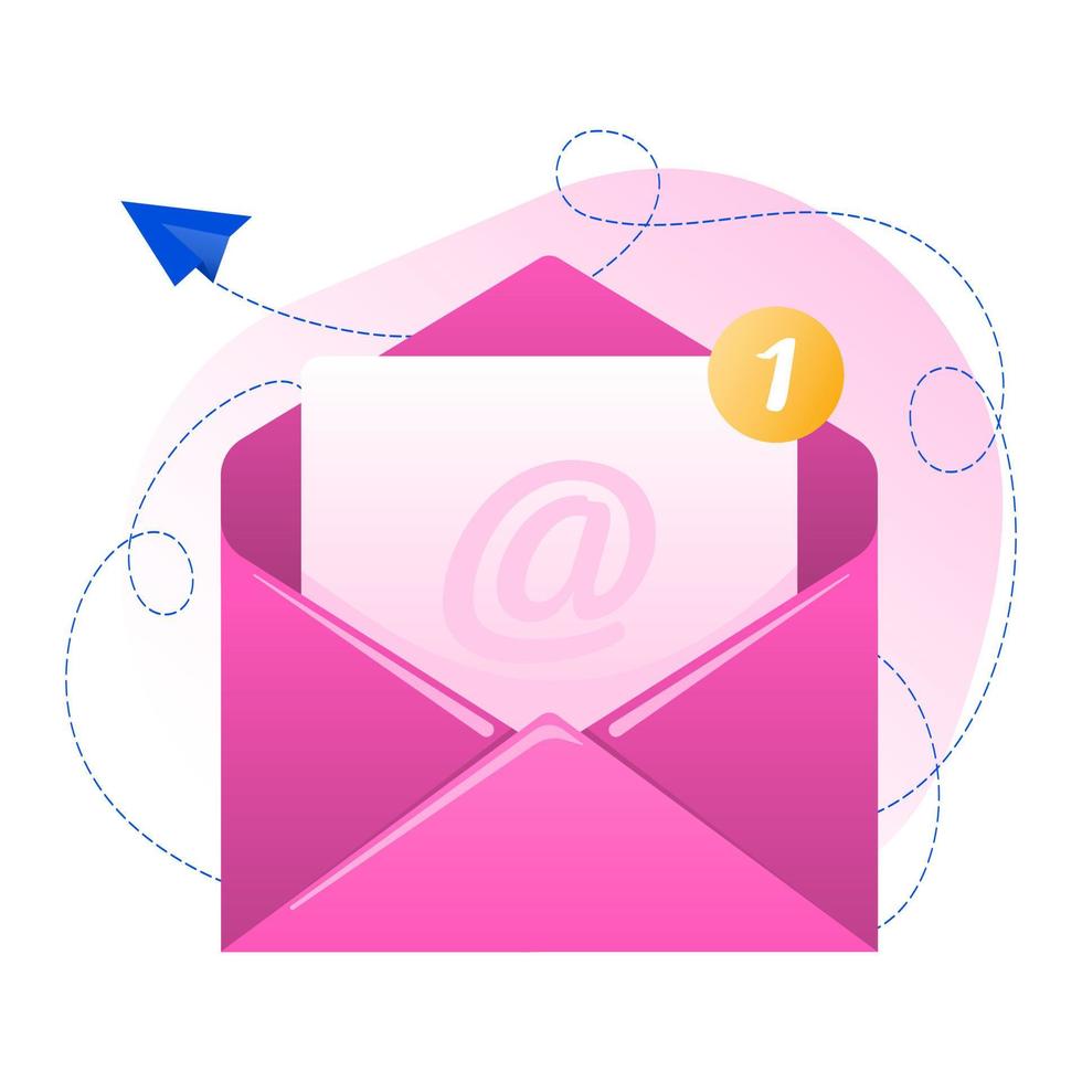 Pink envelope with document with email icon. Concept of receive message, email subscribe. Vector illustration in flat style.