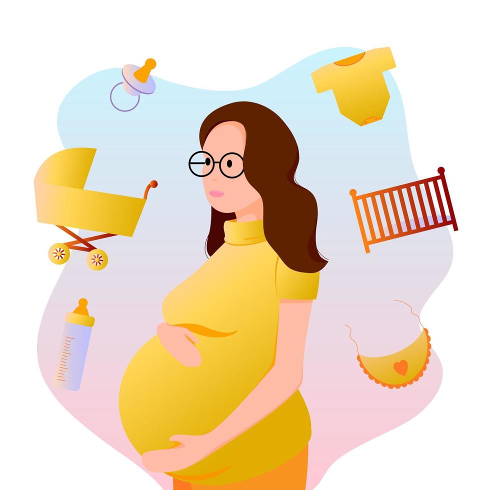 mujer embarazada de compras. comprar cosas para el recién nacido. vector