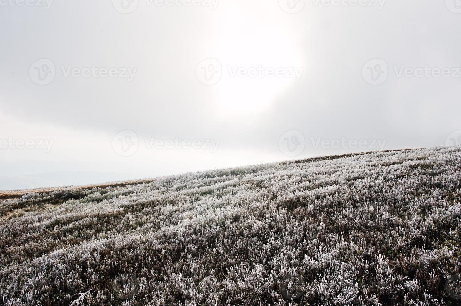 Mountain hill with frost grass and sunlight from clouds photo
