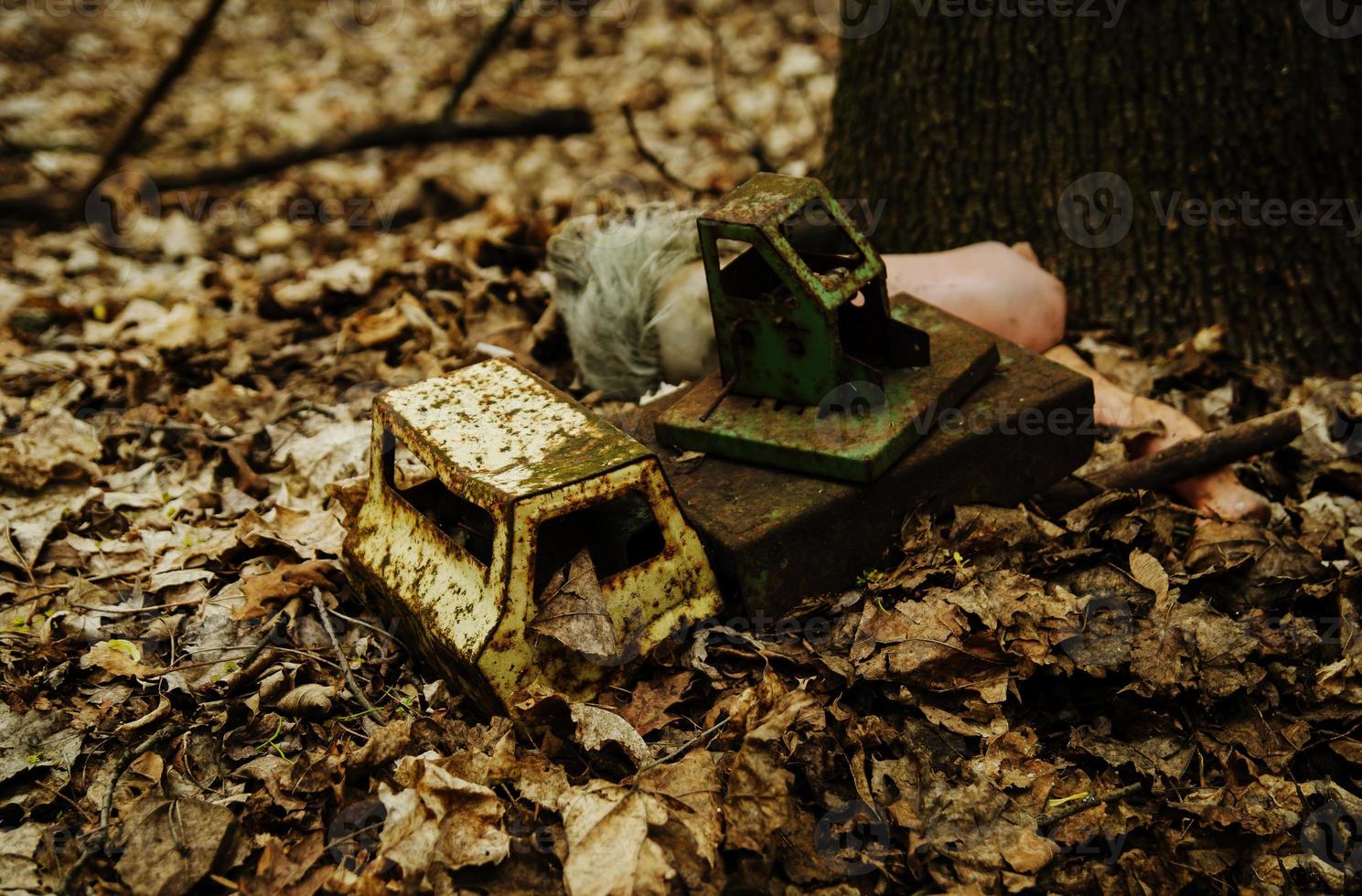 Soviet toys of rusty truck in Chernobyl nuclear disaster area. photo