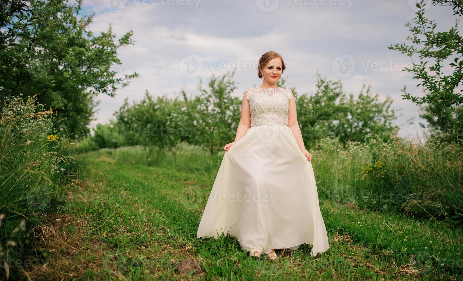 Young overweight girl at beige dress posed background spring garden. photo