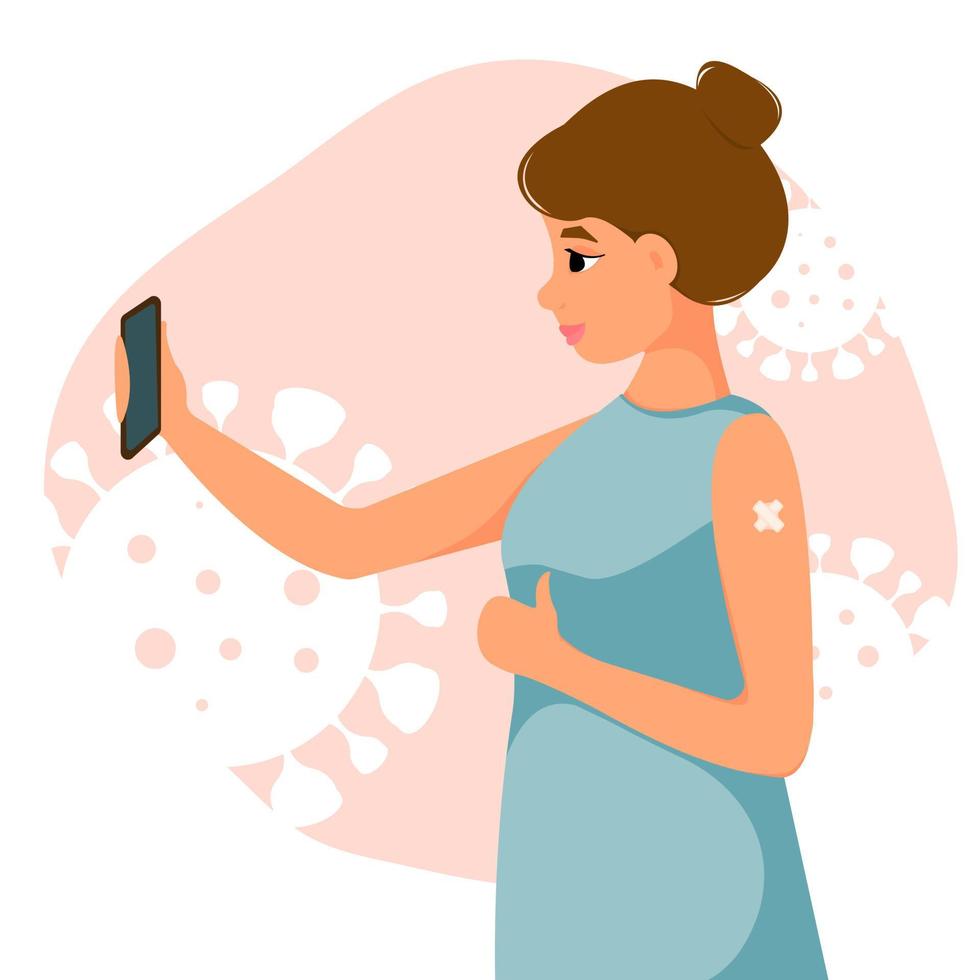 La bloguera vacunada covid-19 hace un selfie por teléfono. linda jovencita haciendo contenido de fotos y videos para su blog. ilustración vectorial en estilo plano. vector