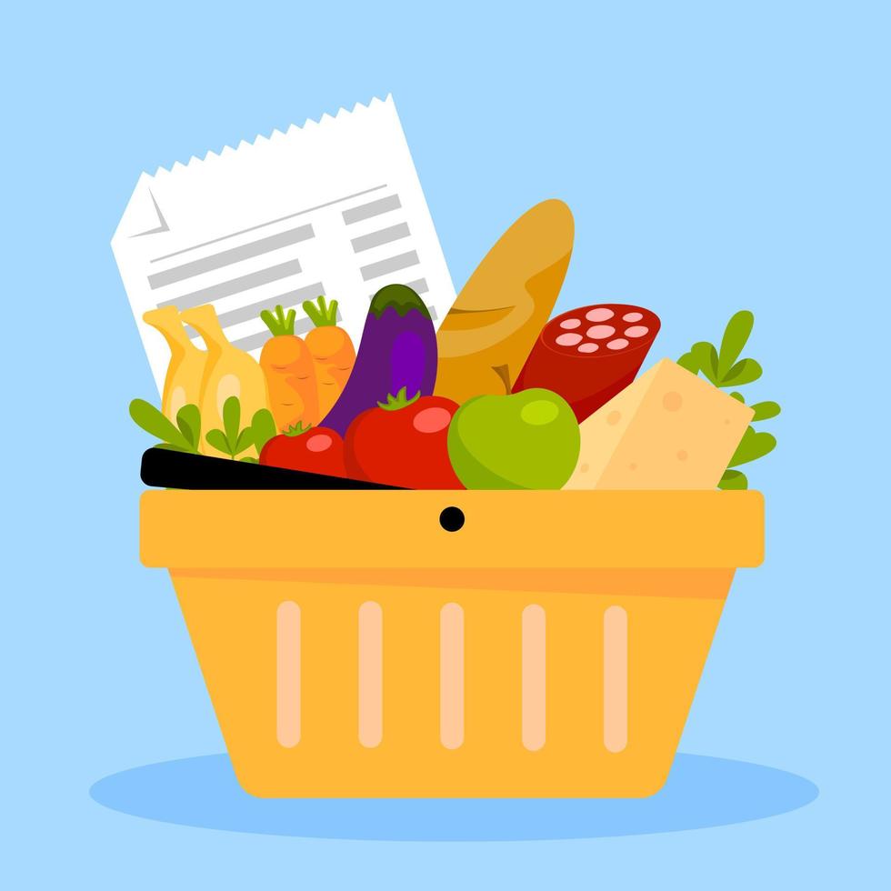 Shopping basket with foods, check and phone. Online food shopping concept. Vector illustration in flat style.