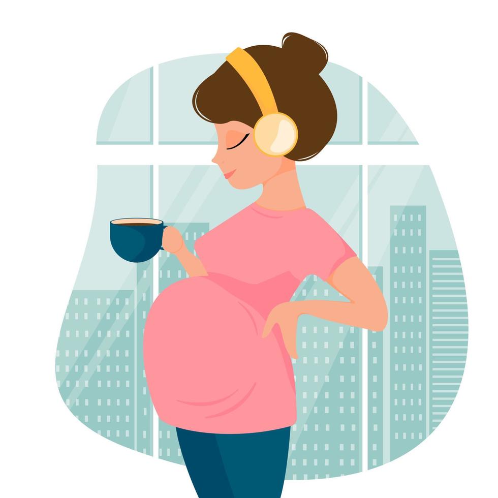 Cute cartoon pregnant woman in pants and t-shirt listens to music with headphones holds a cup in her hand against the backdrop of the city's metropolis. Background of window. Vector illustration.