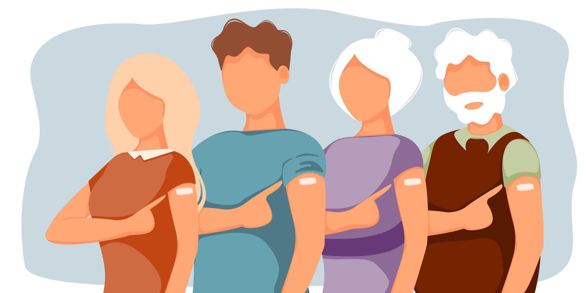 Vaccinated people showing at their arm. The concept of vaccination, health, the spread of the vaccine, healthcare, call of fight against coronavirus. Colorful vector illustration in flat style.
