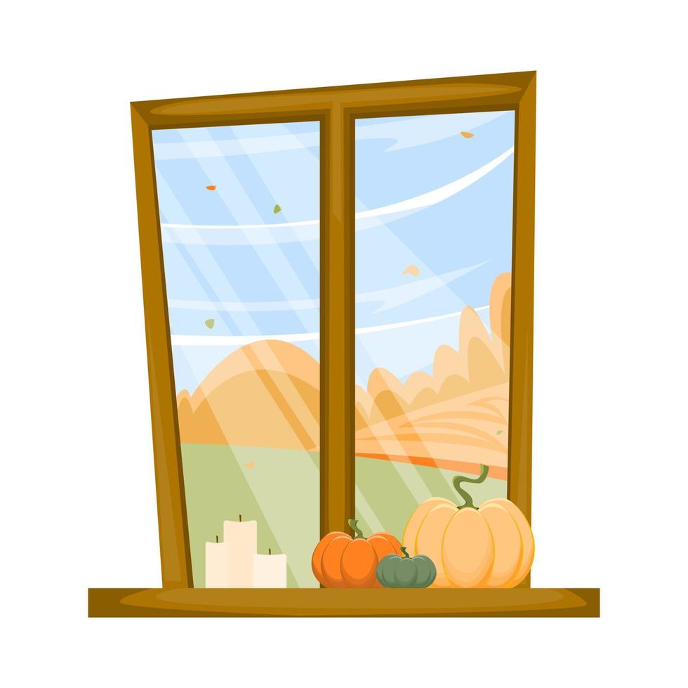 ventanas con paisaje de otoño y calabazas. concepto de día de acción de gracias, halloween. ilustración vectorial en estilo plano. vector