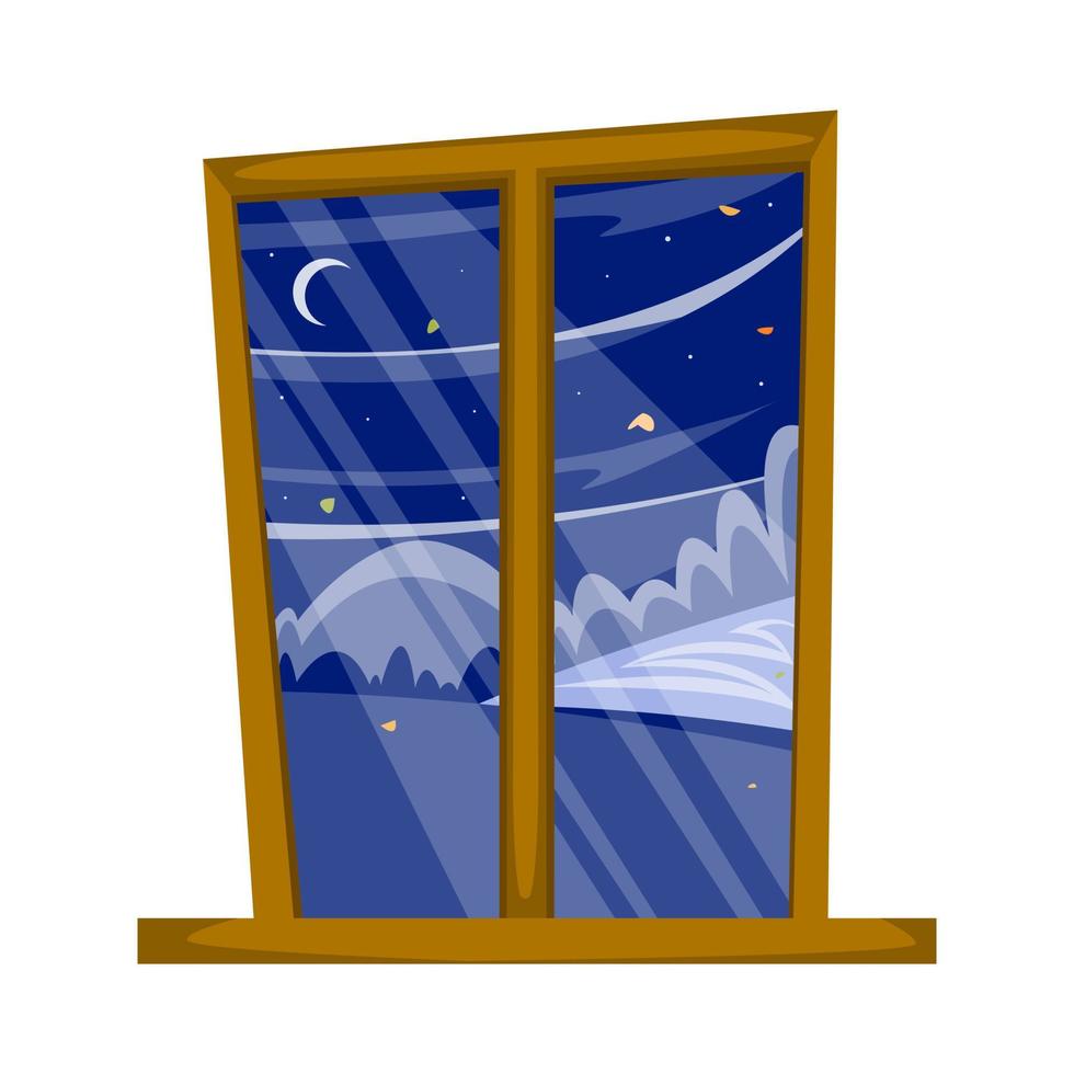 Windows with winter night landscape. Concept of Christmas, New Year. Vector illustration in flat style.