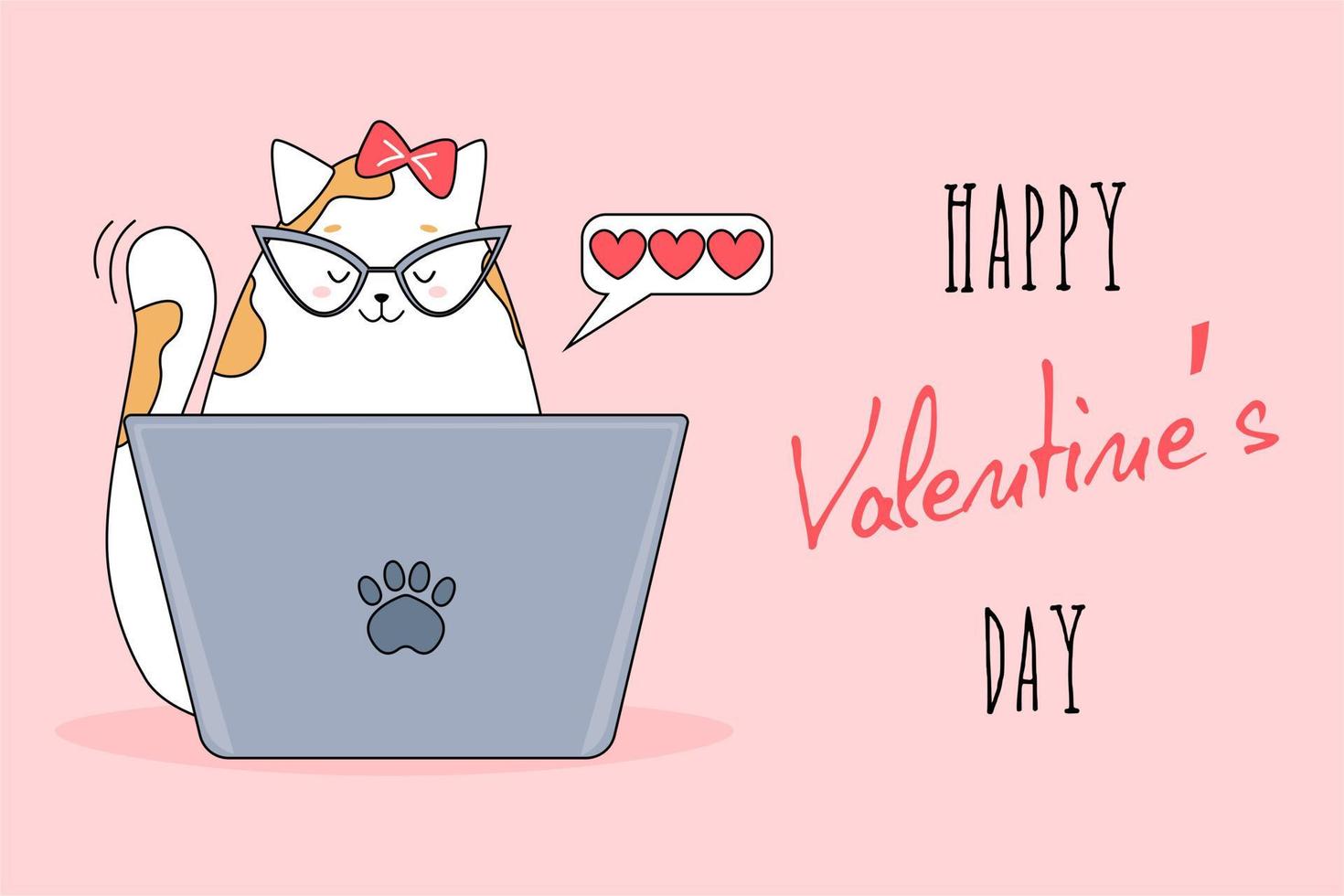 Cute cat with glasses with laptop sends romantic message. Lovely pets. Searching for romantic partner online. Valentine's day, Saint Valentine. Vector greeting card with lettering.