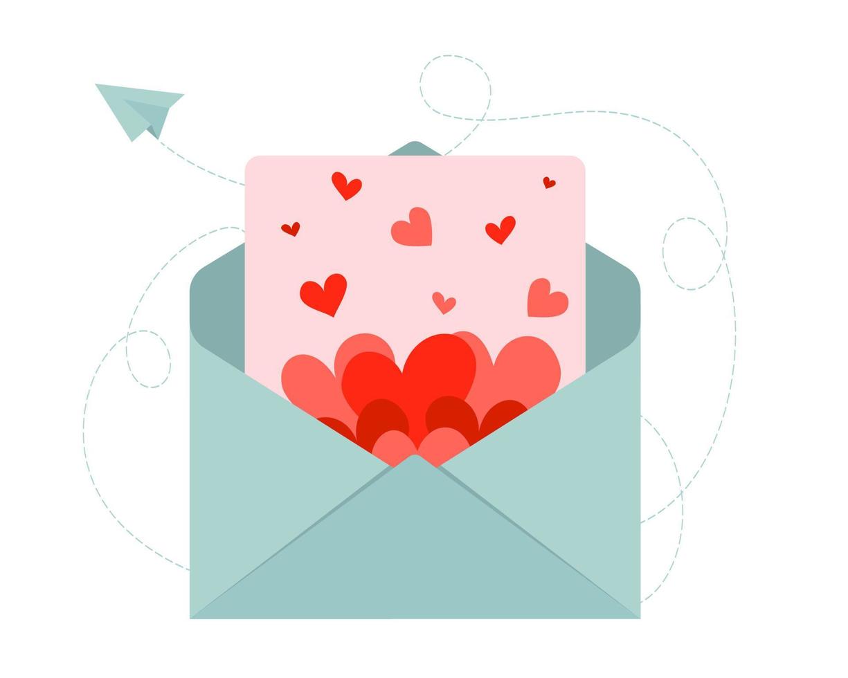 sobre abierto con una carta con corazones. el concepto de enviar mensajes. enviar o recibir una carta, correo. confesar amor. vector