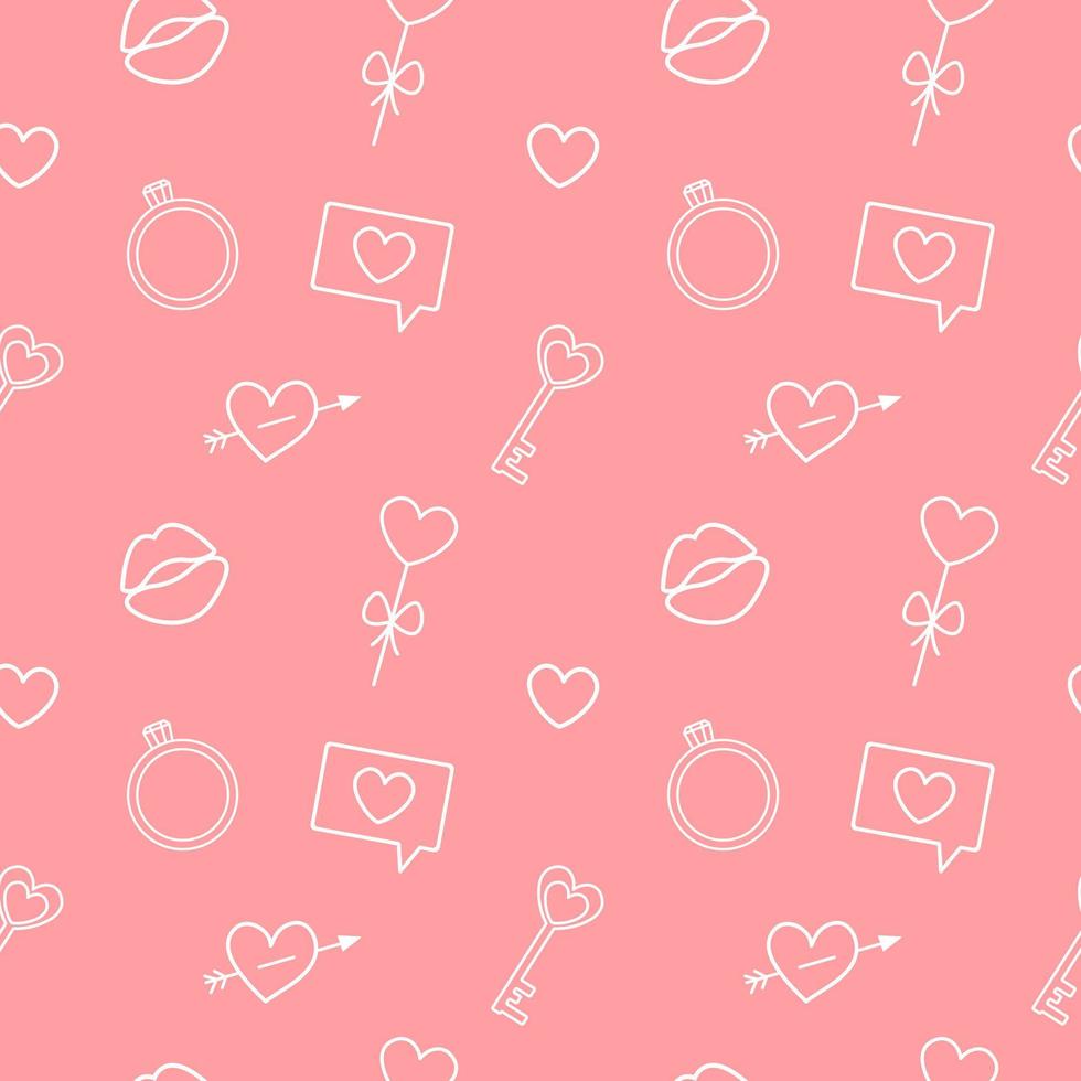Seamless pattern for valentine's day. Outlines of heart, lips, ring on pink background. vector