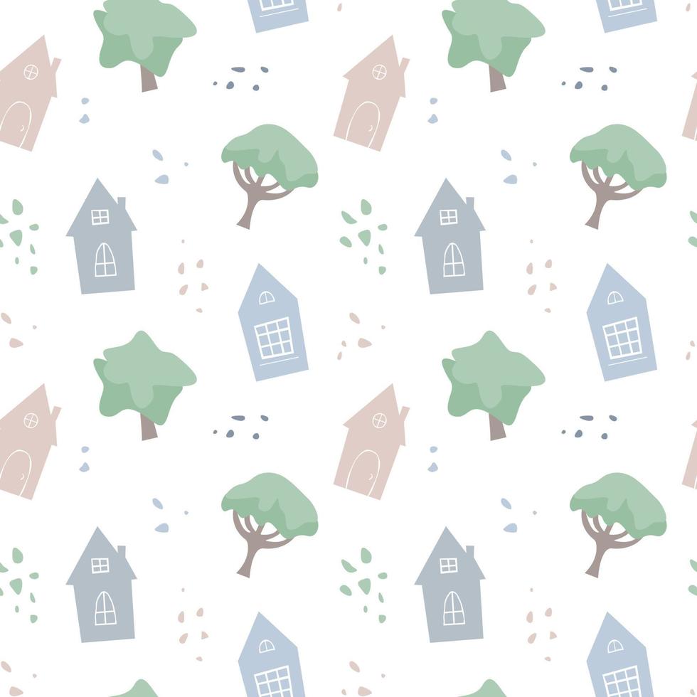 Seamless vector pattern with cute houses, trees and pebbles.