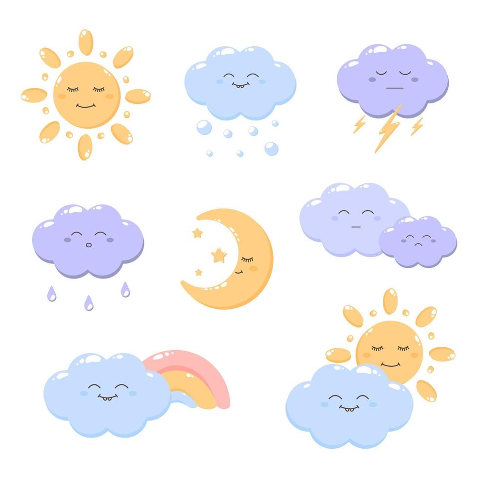 Set of cute weather icons for kids. Sun, moon and stars, clouds, rain, snow, rainbows, lightning. Vector symbols for baby shower, greeting cards, baby clothes, training.