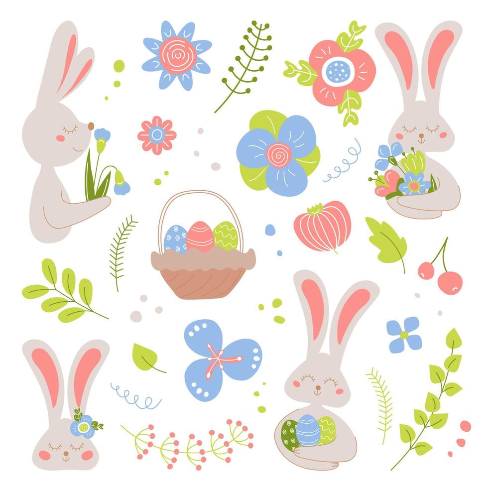 juego de pascua de conejito, huevos y flores. colección de vacaciones de primavera vectorial. vector