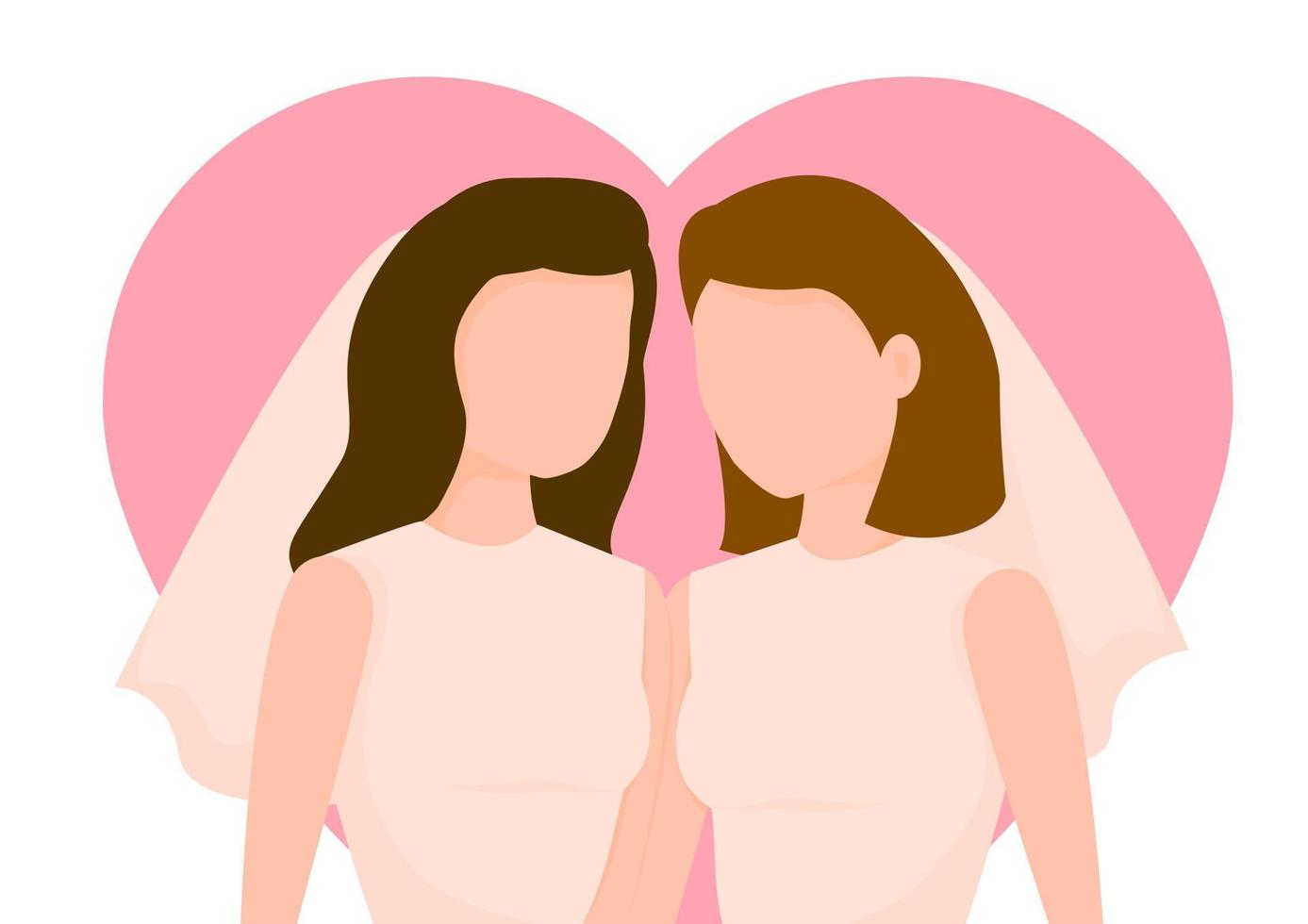 boda lgbt con dos mujeres gay vestidas de blanco aisladas de fondo rosa. ellos. vector