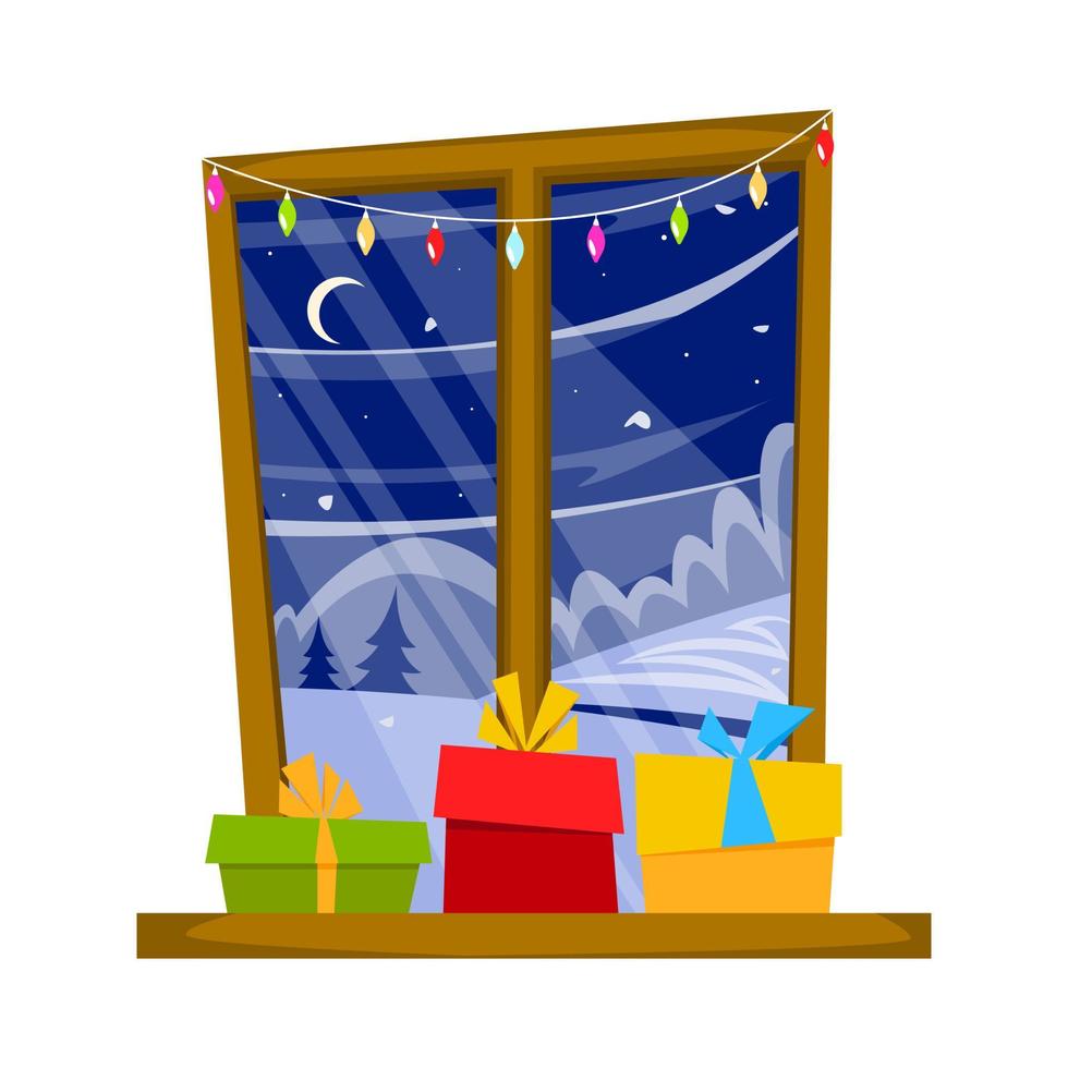 Windows with winter landscape and gifts. Concept of Christmas, New Year. Vector illustration in flat style.