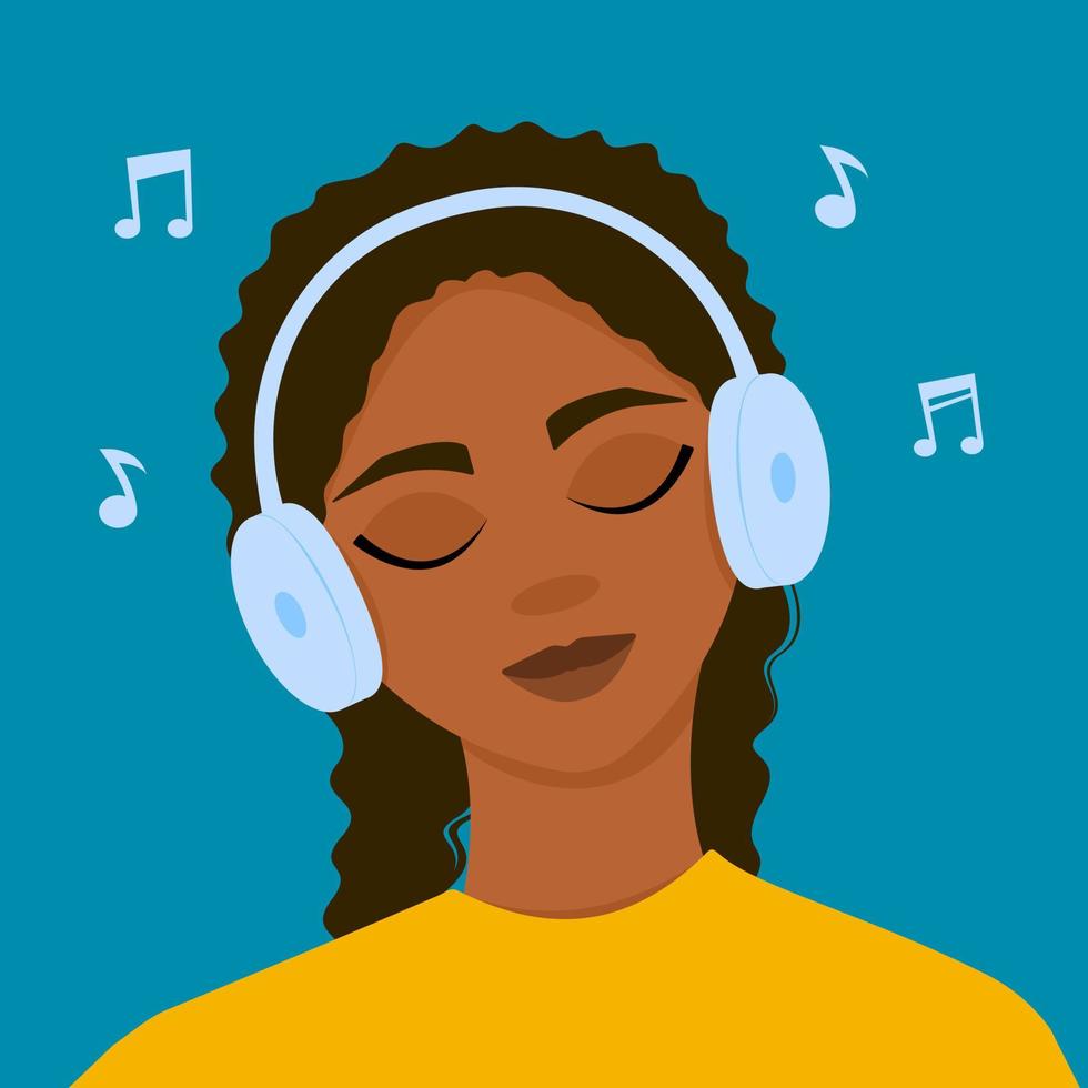 A dark-skinned girl listens to music with headphones, closing her eyes. Vector illustration.