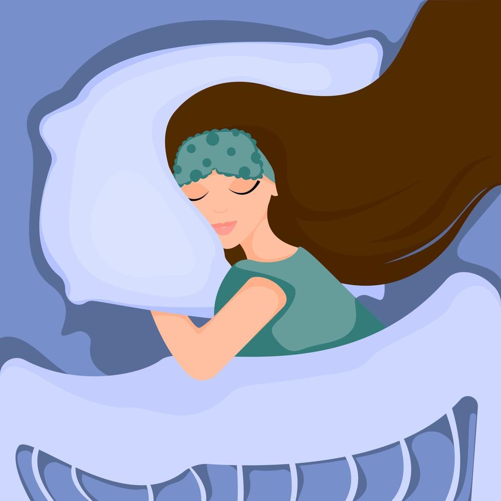 Girl with sleeping mask sleeping at night in bed under duvet. Concept of healthy sleep. Cute woman sleeping on pillow. Vector illustration in flat style.