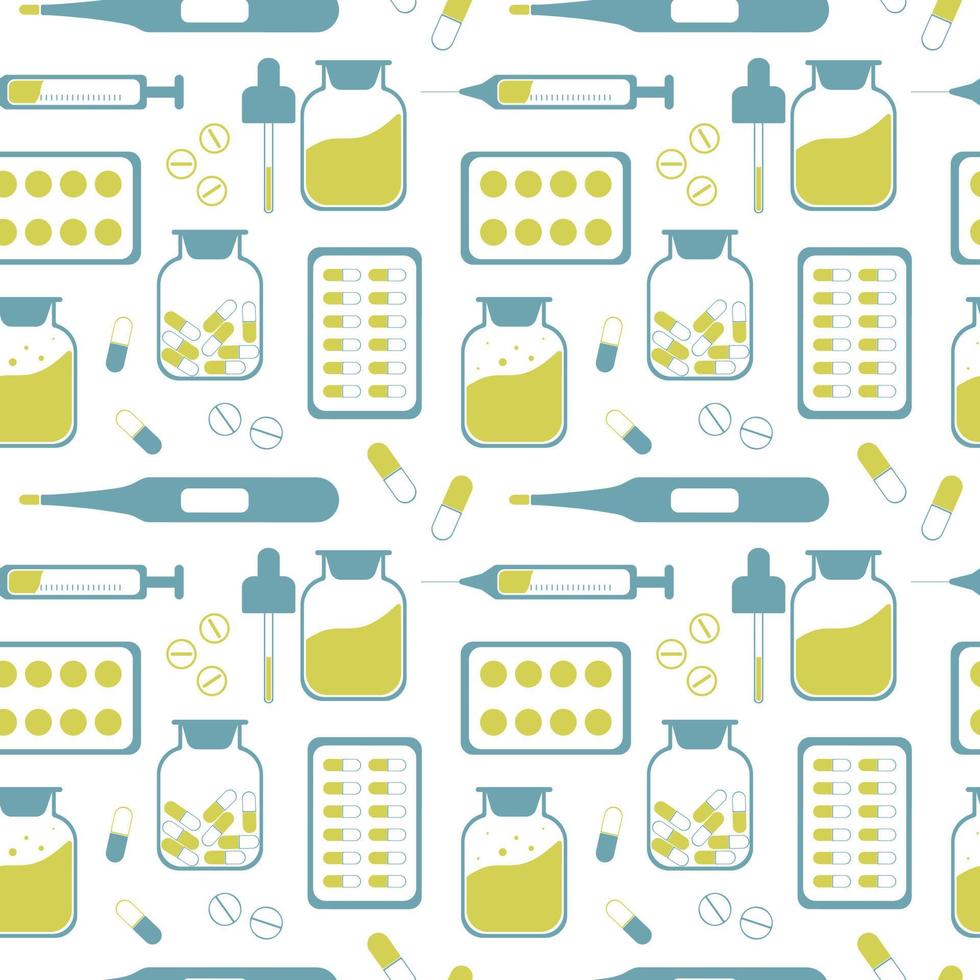 Seamless pattern with medications. Thermometer, syringe, Drugs and pills, bottle and pipette, bottle of medicine. vector